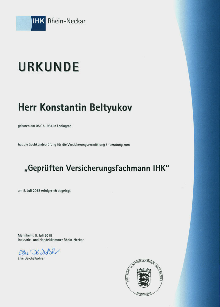 IHK Zertifizierung zum Versicherungsfachmann, KB Finanzen, Konstantin Beltyukov