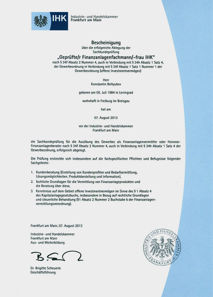IHK- Zertifizierung zum Finanzanlagefachmann, KB Finanzen, Konstantin Beltyukov